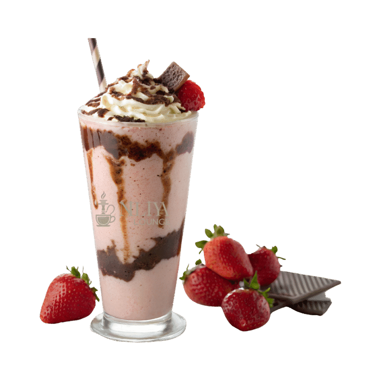 Kremalı ve soslu yoğun çikolatalı milkshake, kafenin soğuk içecek menüsü.