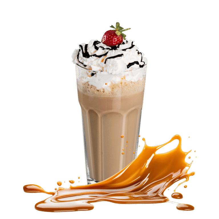 Yan yana üç çeşit milkshake bardağı, kafe içecek servisi.