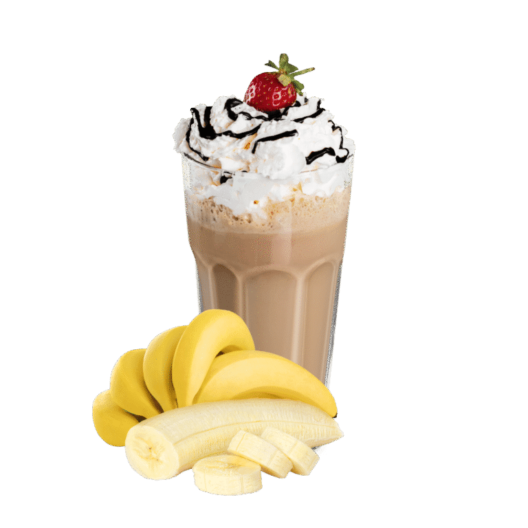 Taze meyveli (çilekli/muzlu) milkshake, meyve süslemeli, yaz spesiyali.